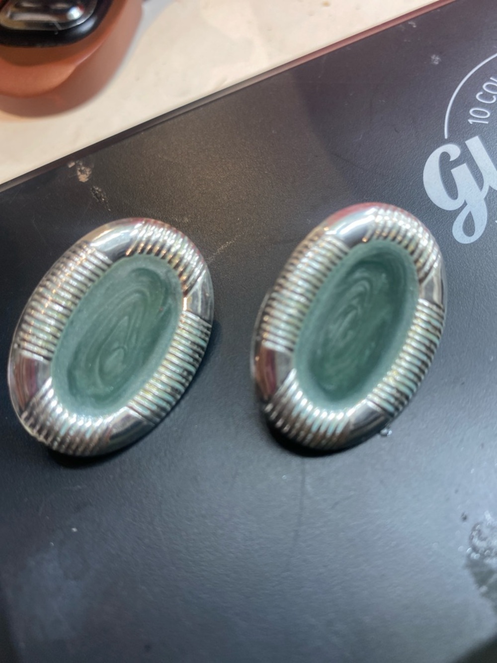 Vintage Oval Green Glass Silver-Tone Clip Earrings